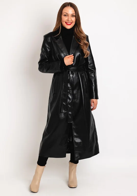 Guess Gea Faux Leather Belted Waist Long Coat, Black