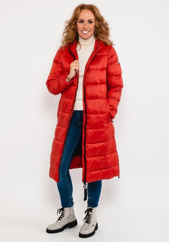 Green Goose High Shine Quilted Long Coat, Red