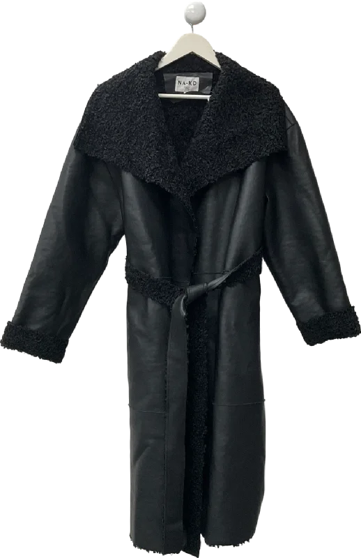 NA-KD Black Bonded Faux Fur Detailed Pu Coat UK 14