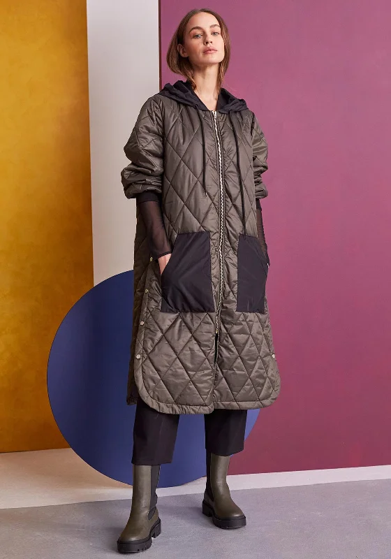 Naya Button Side Quilted Long Coat, Khaki & Black