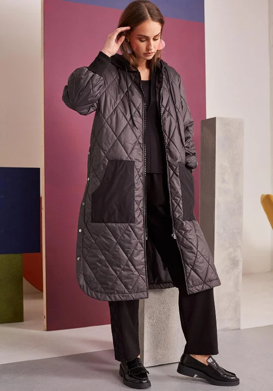 Naya Button Side Quilted Long Coat, Black