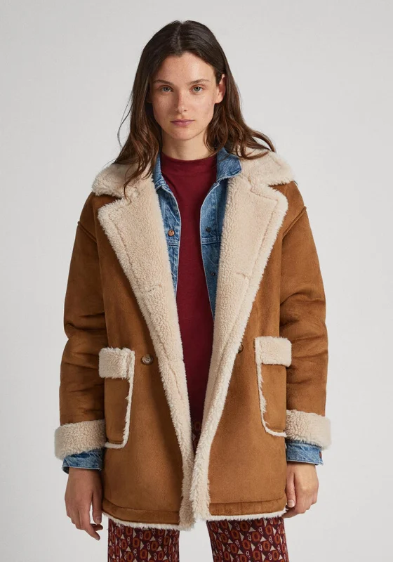 Pepe Jeans Rose Fleece Lined Suedette Coat, Tobacco