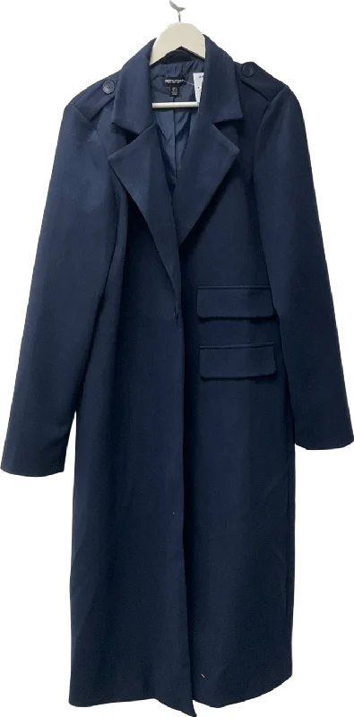 PrettyLittleThing Blue Navy Textured Wool Look Double Pocket Coat UK 14