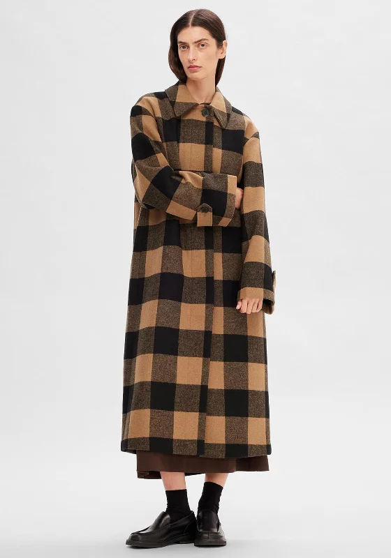 Selected Femme Evana Long Wool Check Coat, Toasted Coconut