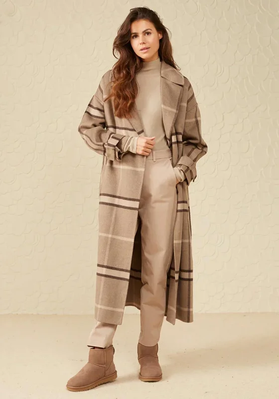 YAYA Wool Blend Long Check Coat, Roasted Cashew Brown