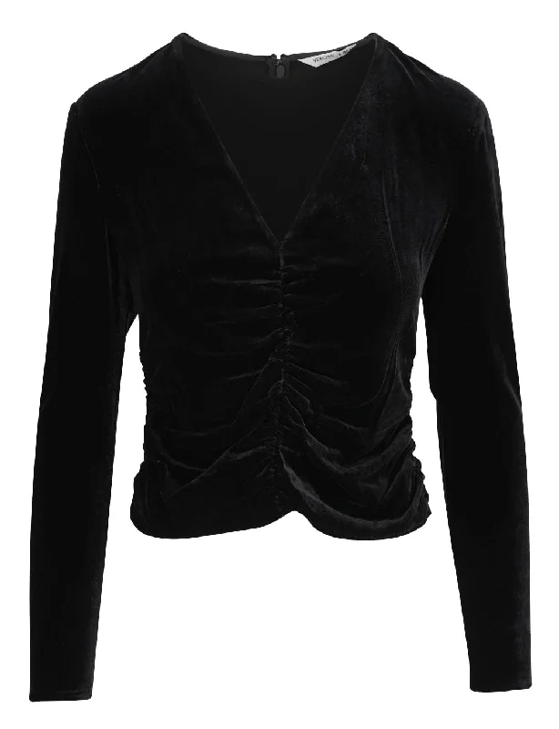 Veronica Beard Pelona Ruched Long-Sleeve Velvet Top, Black