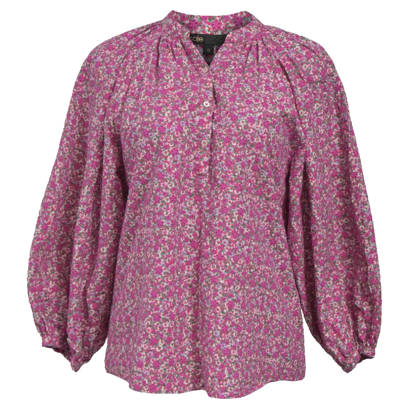 Maje Floral Print Long-Sleeved Blouse in Pink Cotton